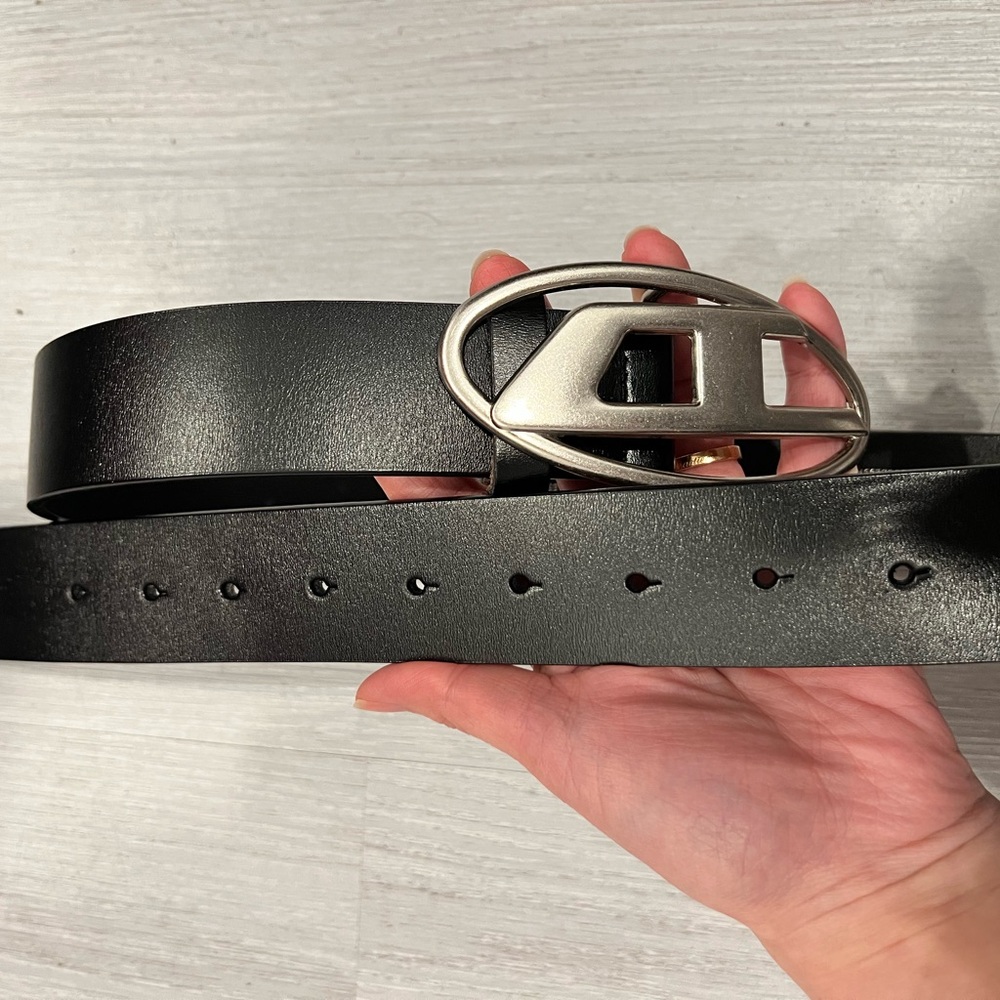 Diesel Black Leather Belt with Brushed Silver Buckle